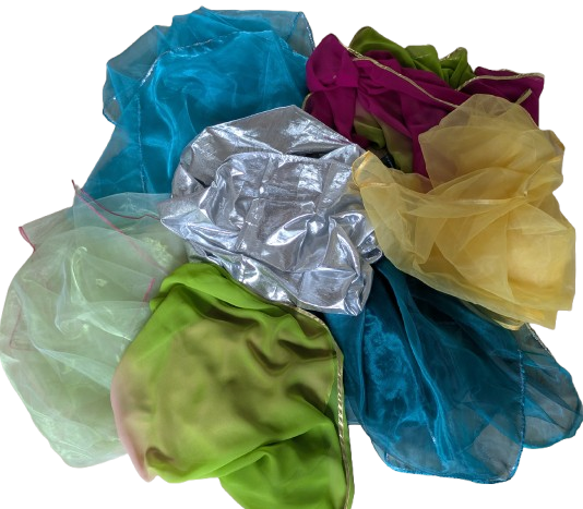 Farbenfrohe Tanzschleier für orientalischen Tanz und Schleiertanz, Beispiel für Material- und Designvielfalt